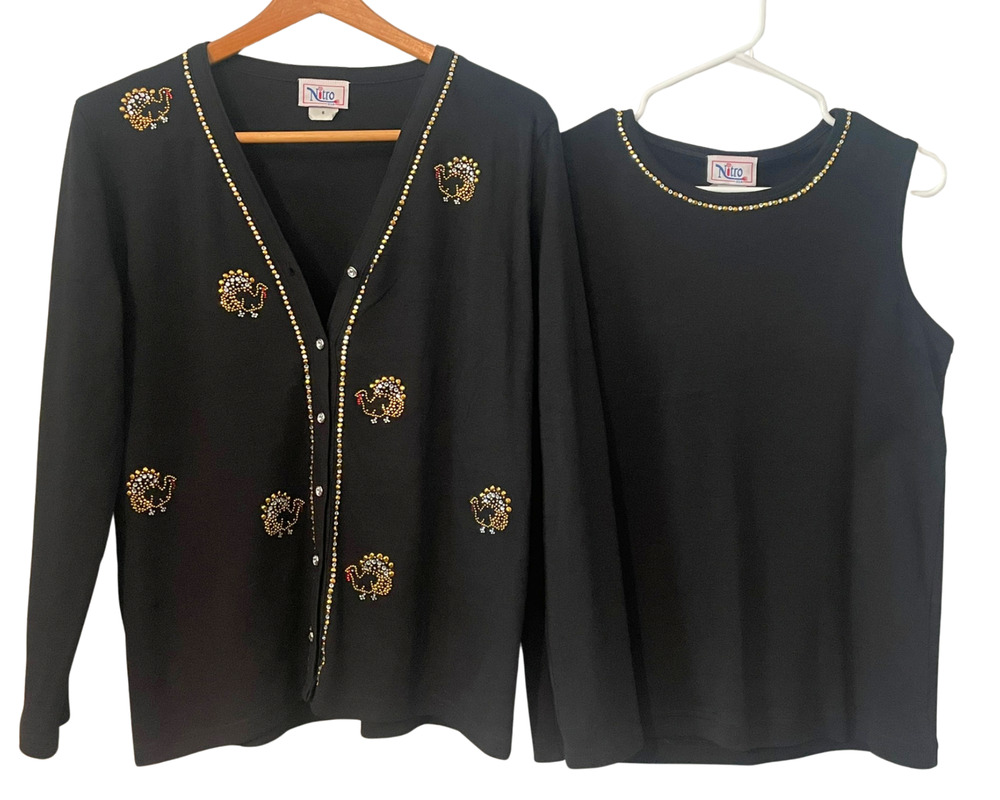 Nitro Twin Set Sz S Tank & Cardigan Embellished Gems Turkey Thanksgiving